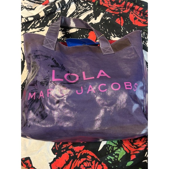 Marc Jacobs Handbags - Lola Marc Jacobs Purple Metallic Coated Canvas Tote Bag Red Lining Flower Charm